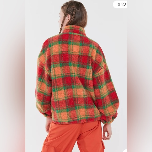 Urban outfitters J.O.A Plaid Polar Fleece 1/2 zip Jacket Oranges Shepra size XS - Picture 3 of 15